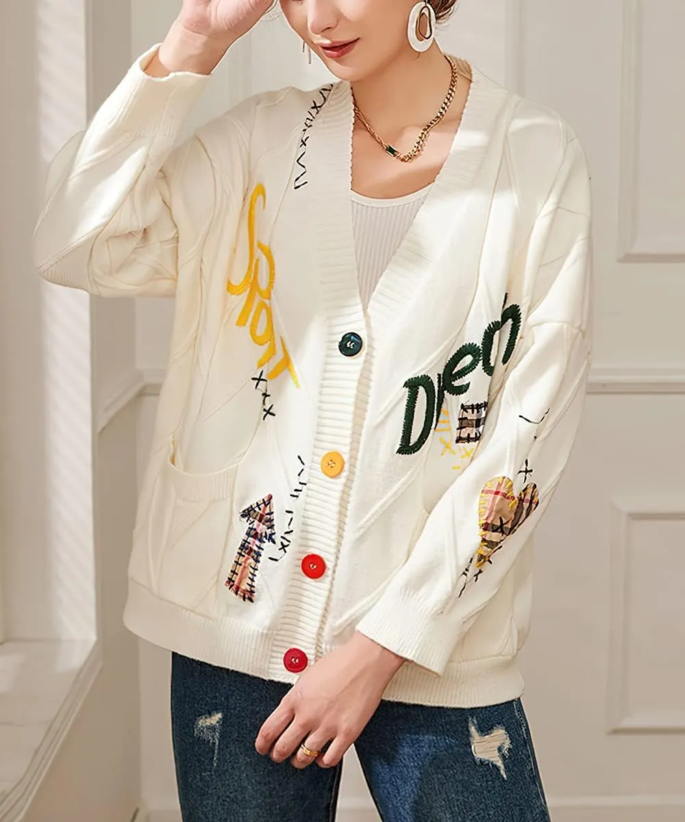 yoeasy Women's Embroidery V Neck Knit Cardigan Sweater Loose Open Front Button Down Long Sleeve Sweater
