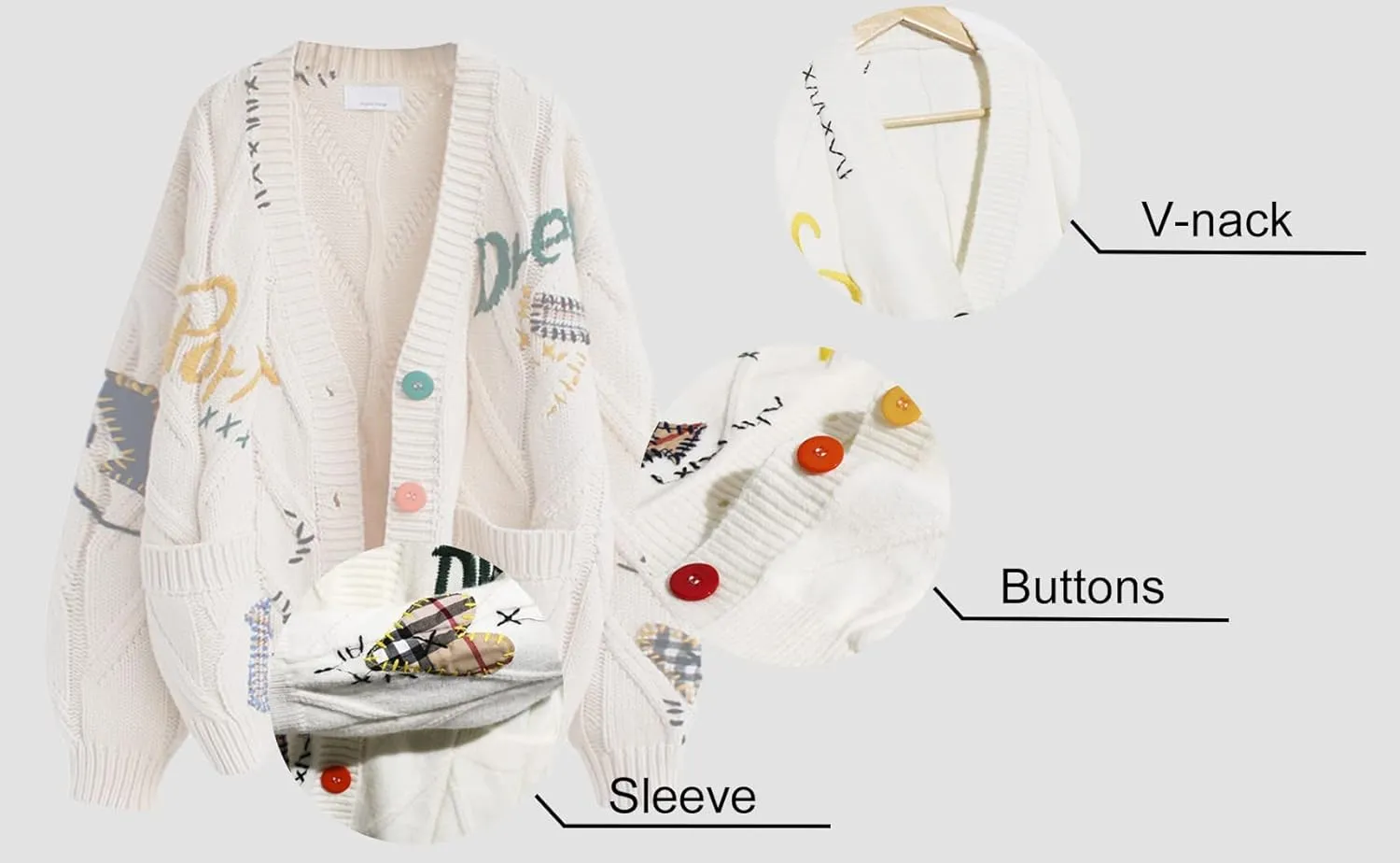 yoeasy Women's Embroidery V Neck Knit Cardigan Sweater Loose Open Front Button Down Long Sleeve Sweater