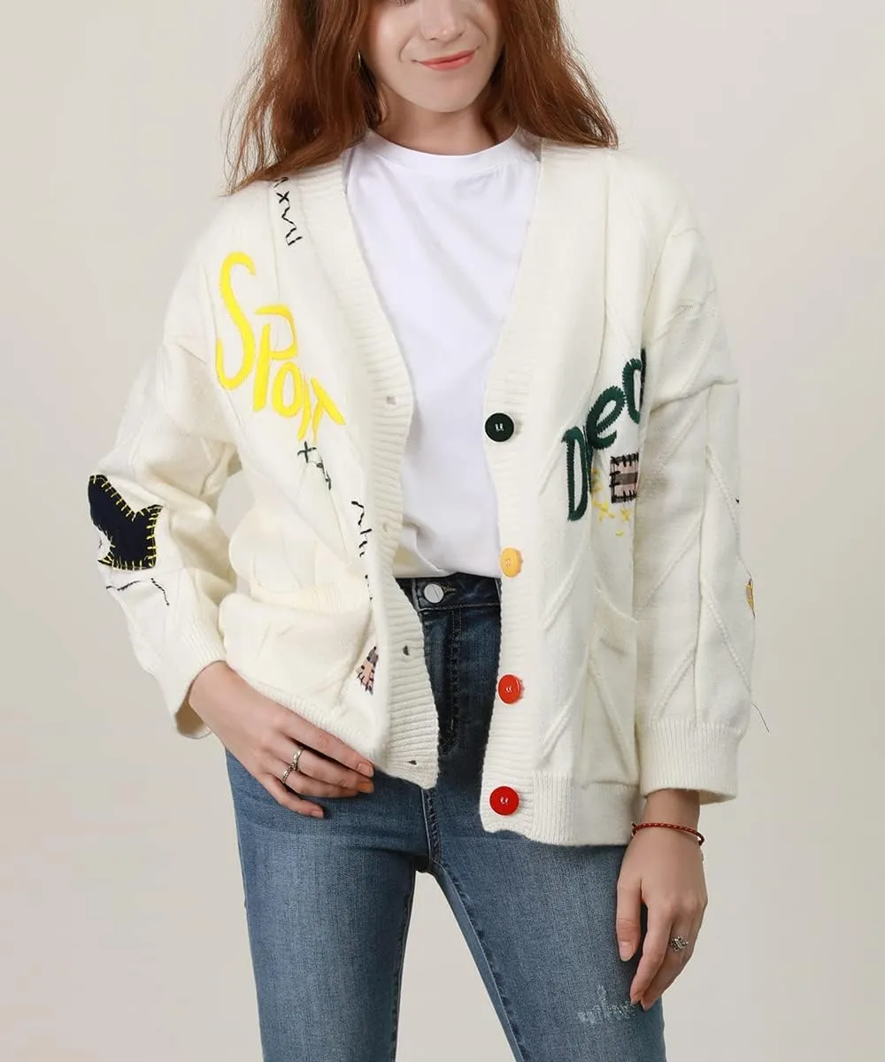 yoeasy Women's Embroidery V Neck Knit Cardigan Sweater Loose Open Front Button Down Long Sleeve Sweater