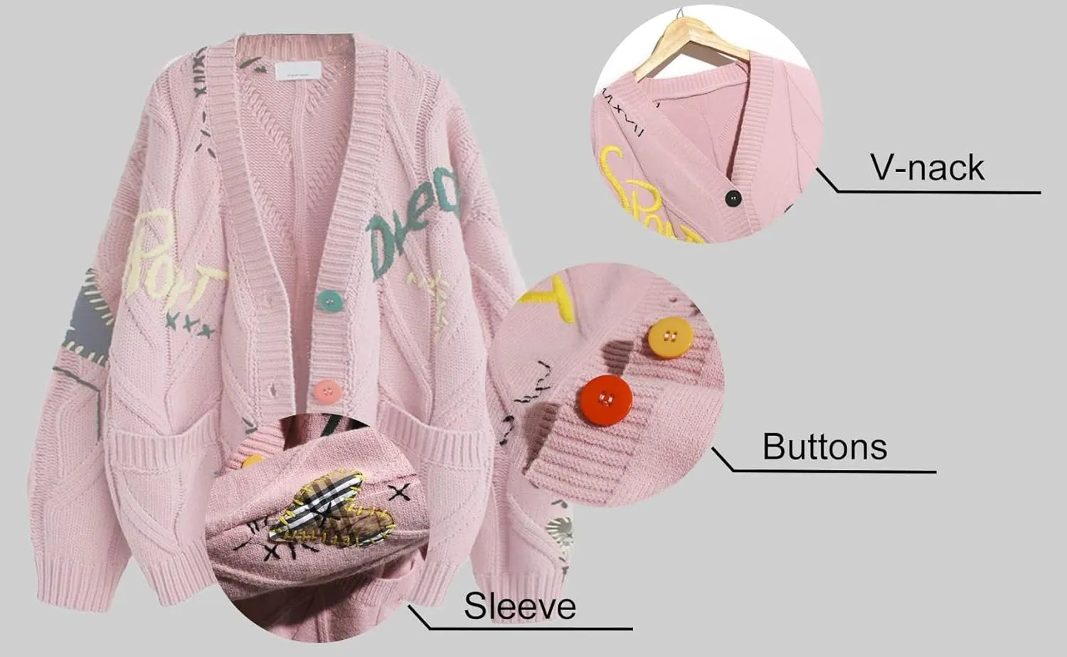 yoeasy Women's Embroidery V Neck Knit Cardigan Sweater Loose Open Front Button Down Long Sleeve Sweater
