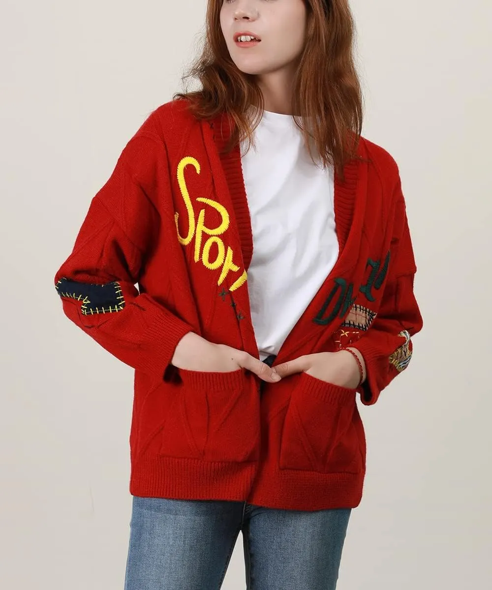 yoeasy Women's Embroidery V Neck Knit Cardigan Sweater Loose Open Front Button Down Long Sleeve Sweater