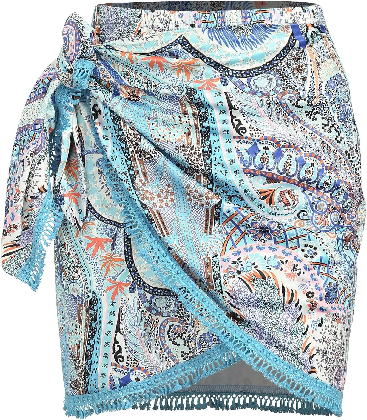 ZAFUL Slit Skirt for Women Boho Print Tie Side Wrap Tassel Casual Beach Mini Skirt