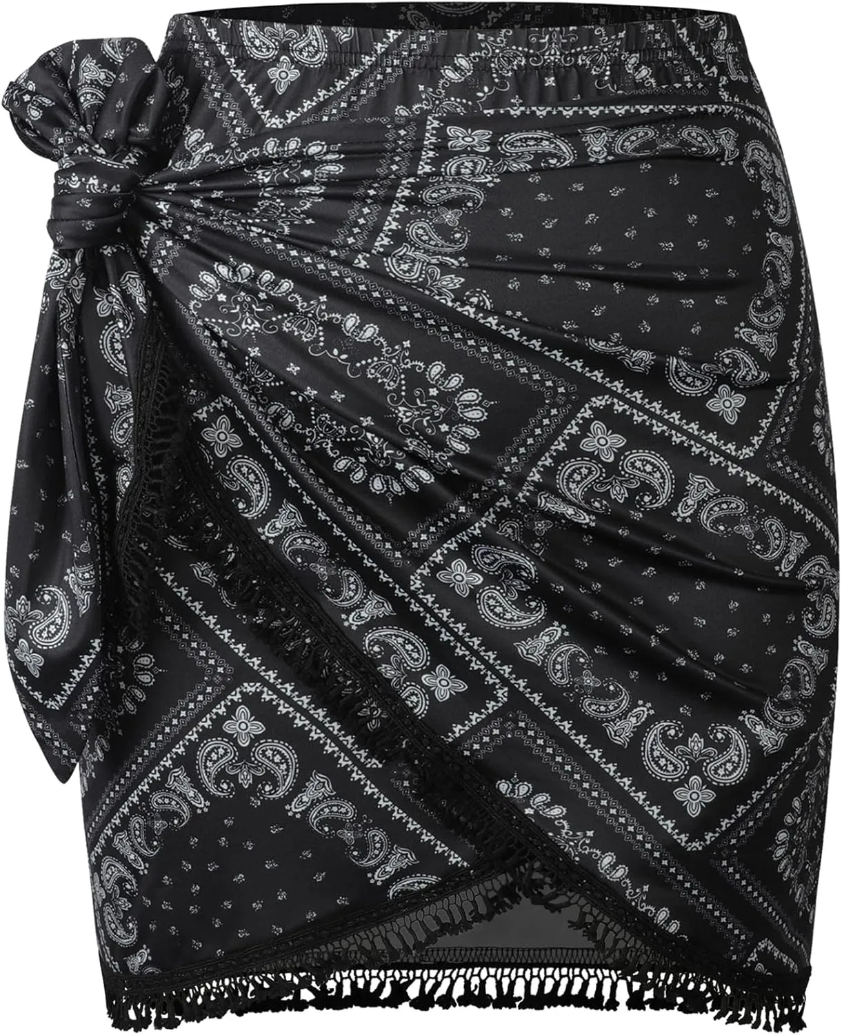 ZAFUL Slit Skirt for Women Boho Print Tie Side Wrap Tassel Casual Beach Mini Skirt