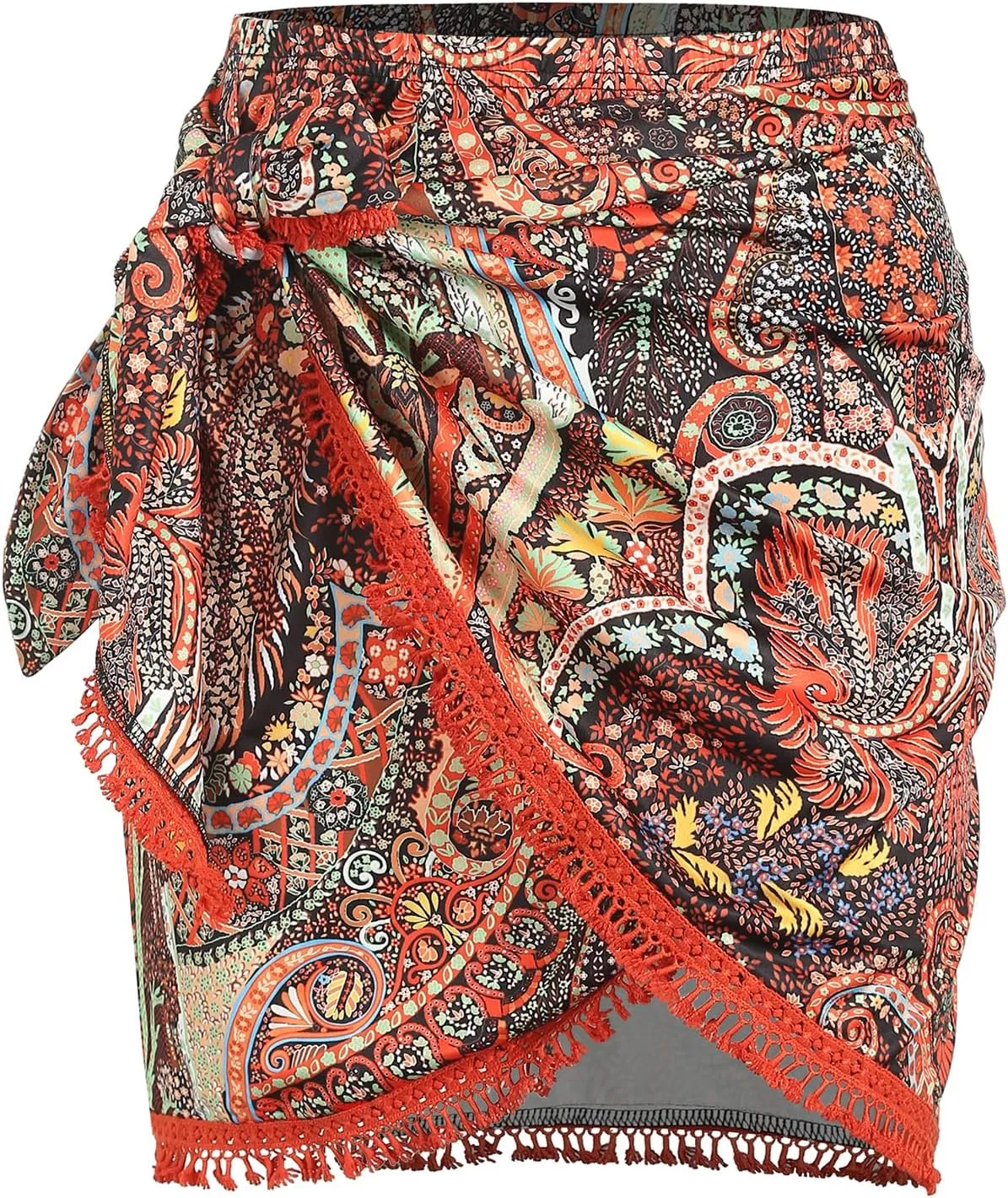 ZAFUL Slit Skirt for Women Boho Print Tie Side Wrap Tassel Casual Beach Mini Skirt