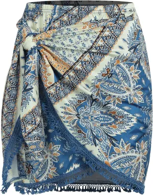 ZAFUL Slit Skirt for Women Boho Print Tie Side Wrap Tassel Casual Beach Mini Skirt