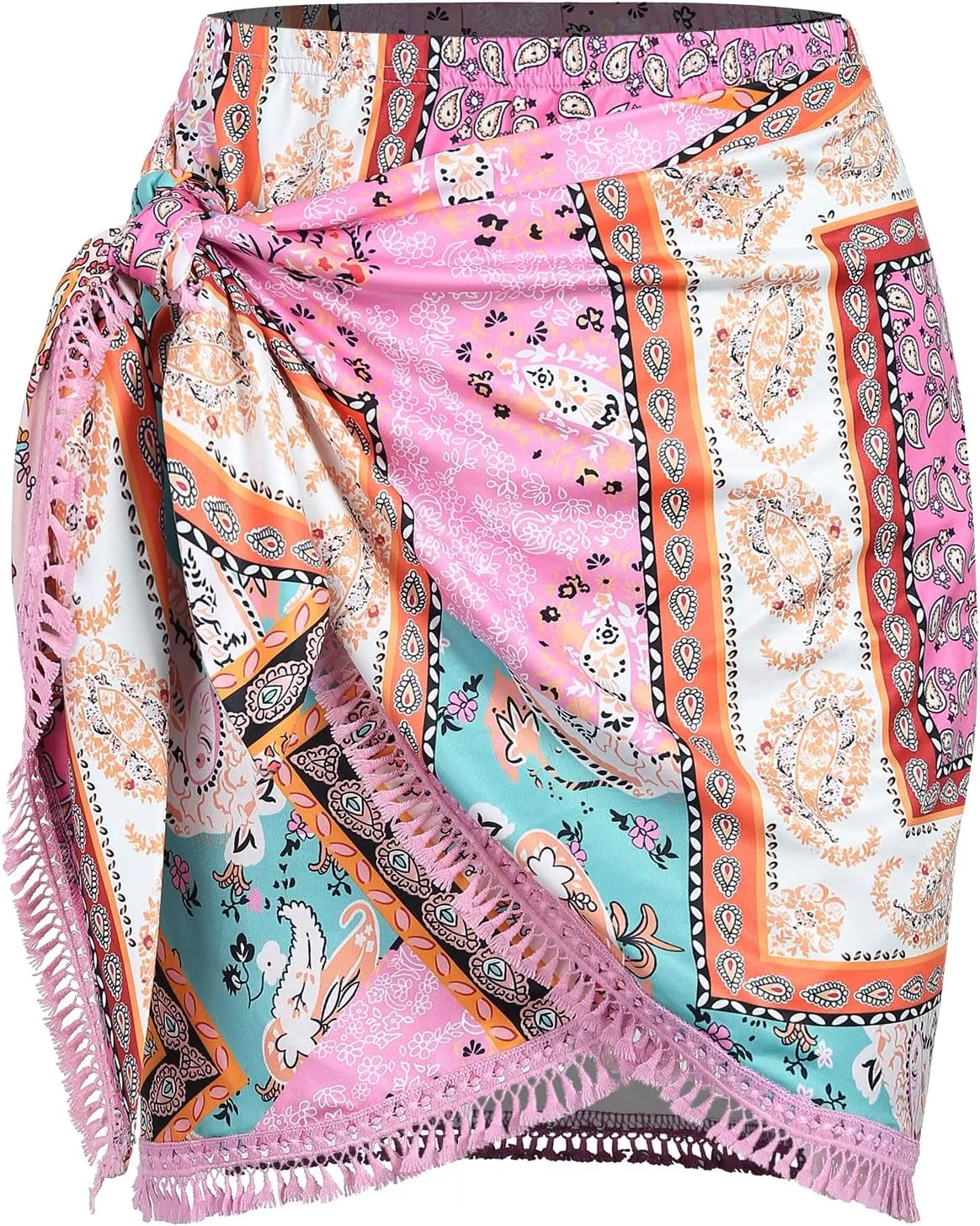 ZAFUL Slit Skirt for Women Boho Print Tie Side Wrap Tassel Casual Beach Mini Skirt
