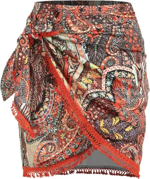 ZAFUL Slit Skirt for Women Boho Print Tie Side Wrap Tassel Casual Beach Mini Skirt