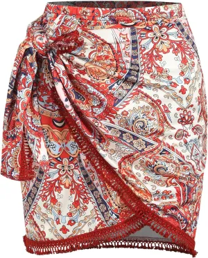 ZAFUL Slit Skirt for Women Boho Print Tie Side Wrap Tassel Casual Beach Mini Skirt