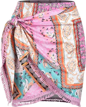 ZAFUL Slit Skirt for Women Boho Print Tie Side Wrap Tassel Casual Beach Mini Skirt