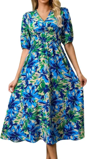 ZEFOTIM Long Dresses for Women 2025 Sexy Floral Dress Short Sleeve V Neck Dresses