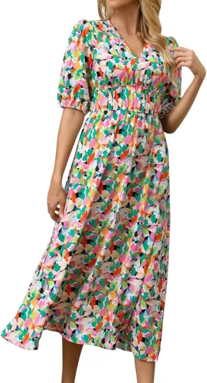 ZEFOTIM Long Dresses for Women 2025 Sexy Floral Dress Short Sleeve V Neck Dresses