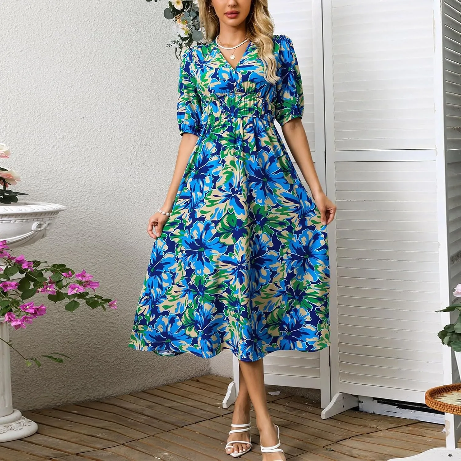 ZEFOTIM Long Dresses for Women 2025 Sexy Floral Dress Short Sleeve V Neck Dresses