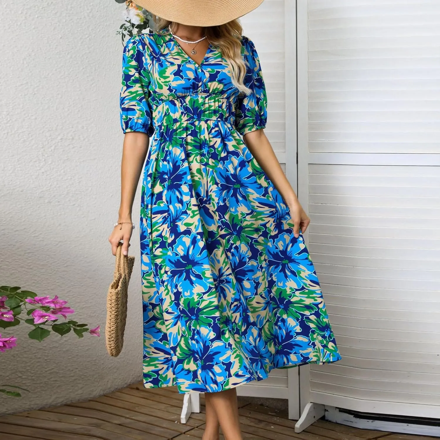 ZEFOTIM Long Dresses for Women 2025 Sexy Floral Dress Short Sleeve V Neck Dresses