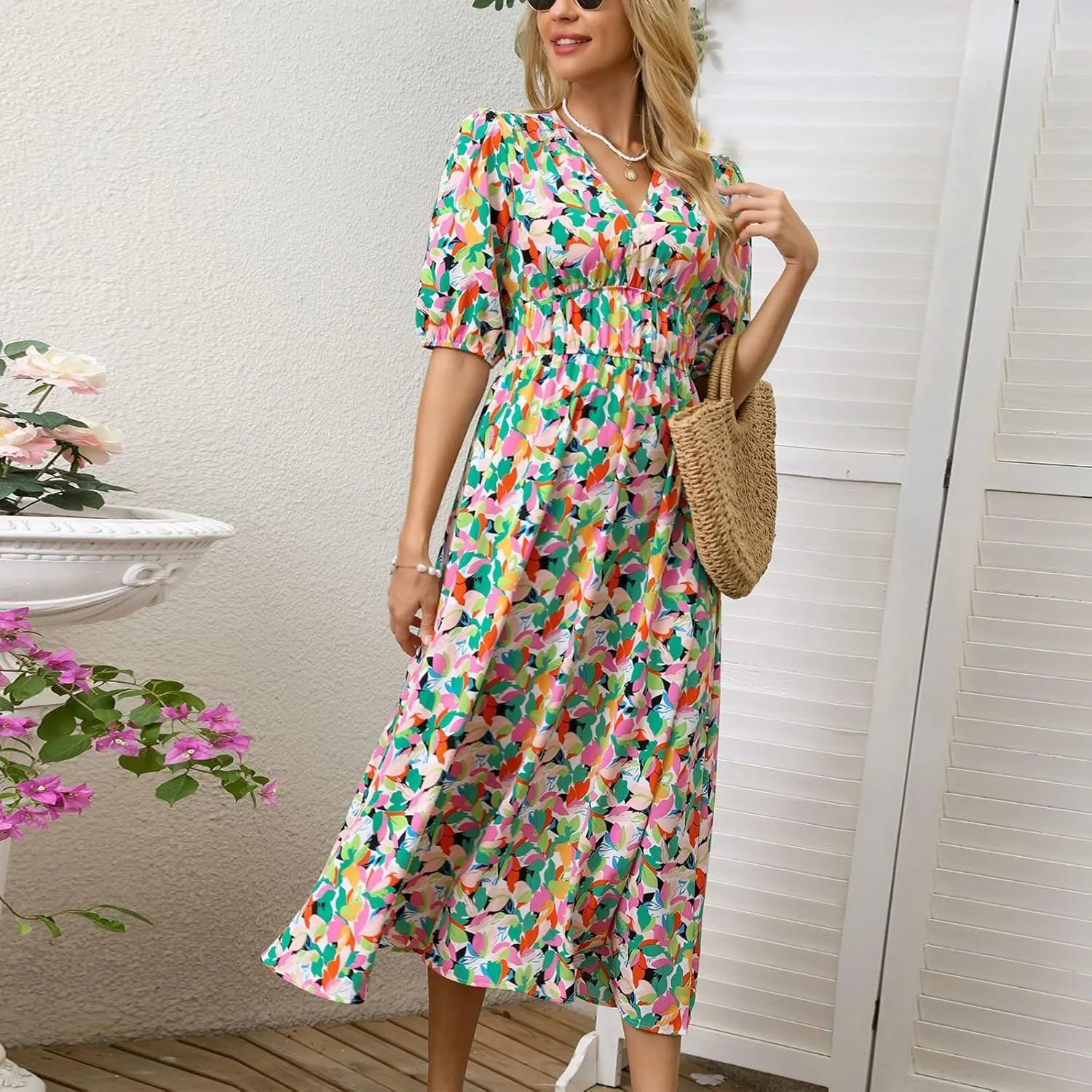 ZEFOTIM Long Dresses for Women 2025 Sexy Floral Dress Short Sleeve V Neck Dresses
