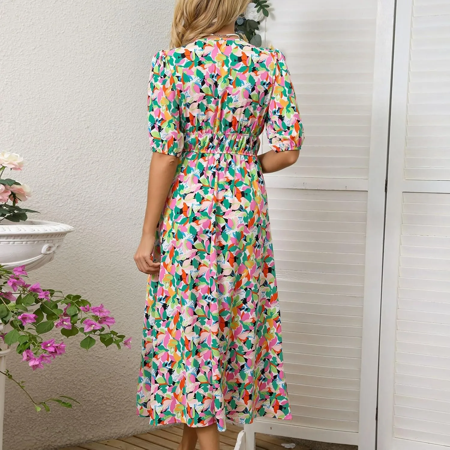 ZEFOTIM Long Dresses for Women 2025 Sexy Floral Dress Short Sleeve V Neck Dresses