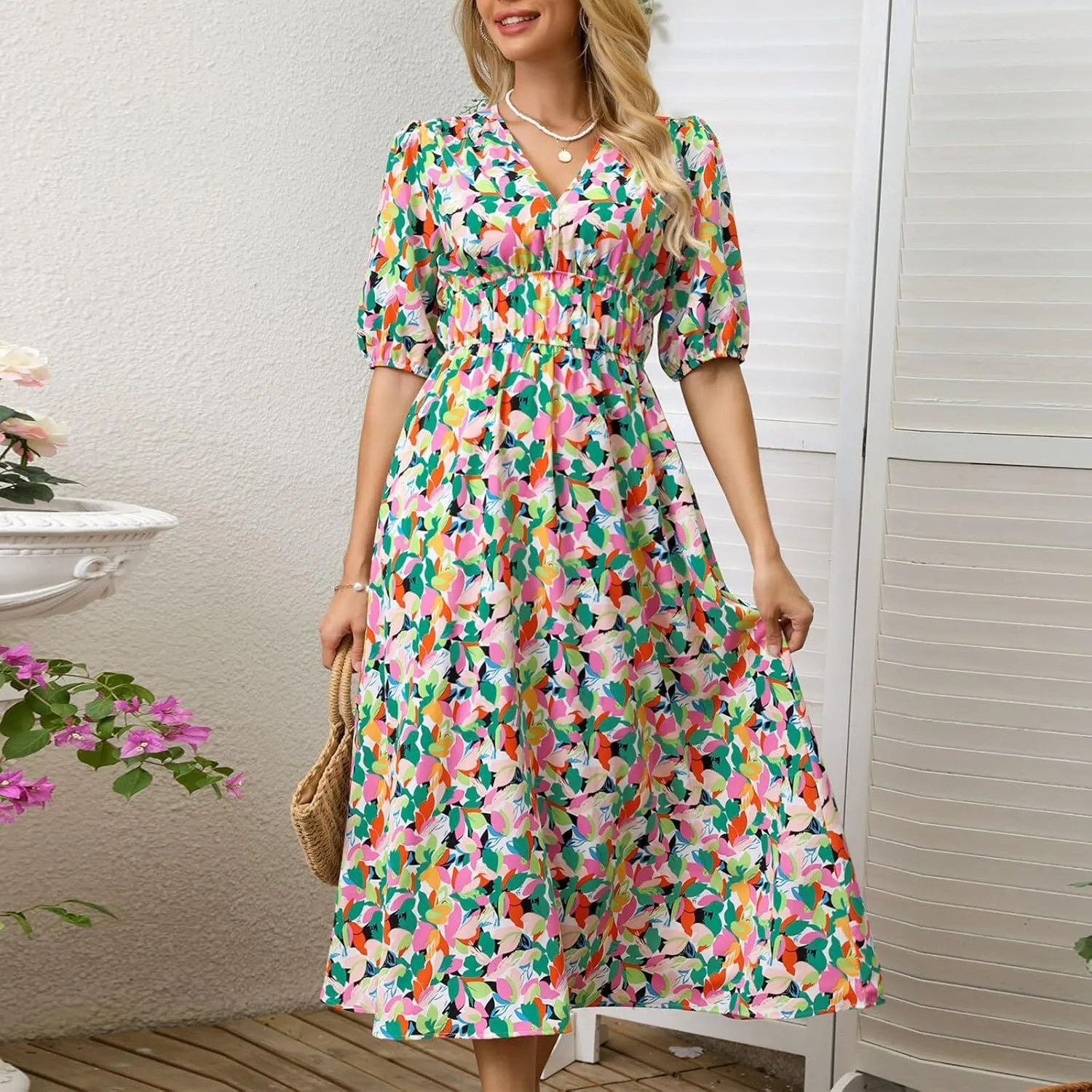 ZEFOTIM Long Dresses for Women 2025 Sexy Floral Dress Short Sleeve V Neck Dresses