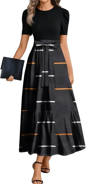 ZEFOTIM Long Dresses for Women 2025 Work Floral/Geometric Dress Short Sleeve Crew Neck Dresses with Belt