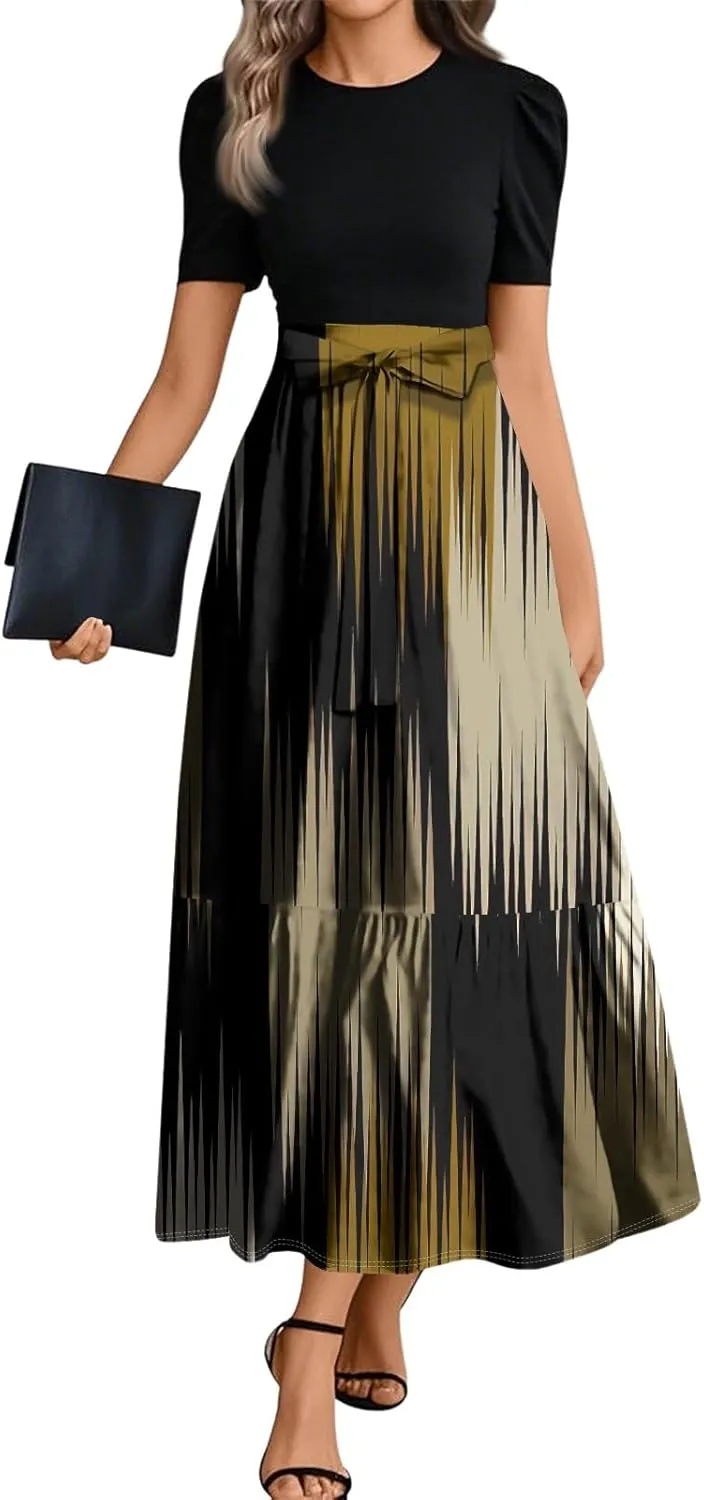 ZEFOTIM Long Dresses for Women 2025 Work Floral/Geometric Dress Short Sleeve Crew Neck Dresses with Belt