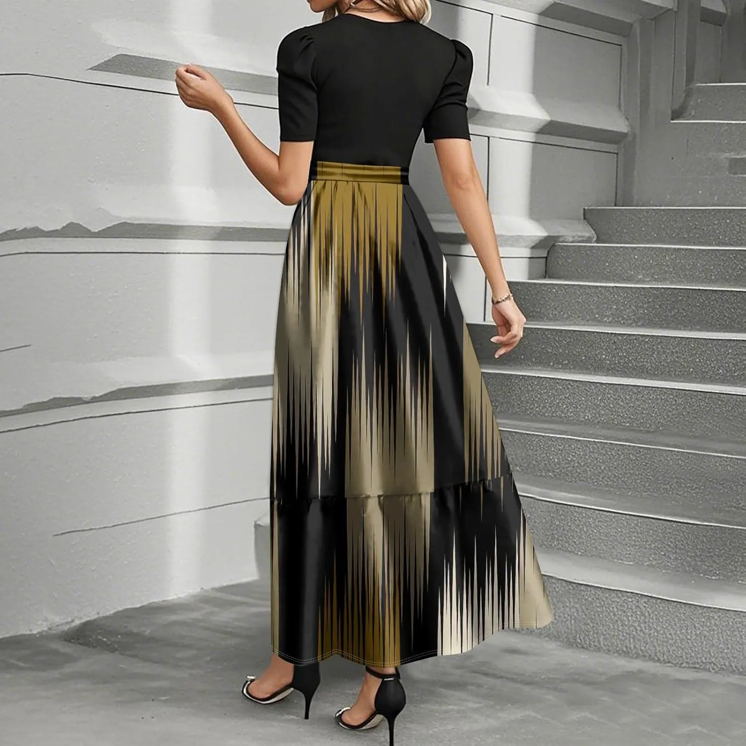 ZEFOTIM Long Dresses for Women 2025 Work Floral/Geometric Dress Short Sleeve Crew Neck Dresses with Belt