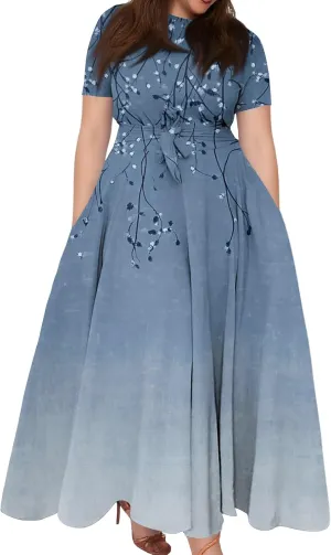ZEFOTIM Long Dresses for Women Casual Plus Size Sexy Floral Dress Short Sleeve Crew Neck Dresses