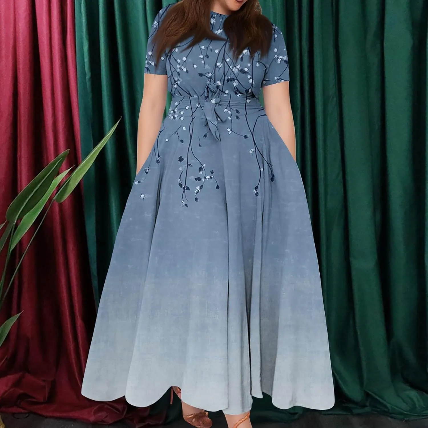 ZEFOTIM Long Dresses for Women Casual Plus Size Sexy Floral Dress Short Sleeve Crew Neck Dresses