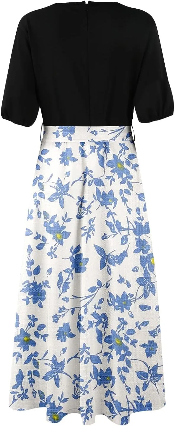 ZEFOTIM Long Dresses for Women Casual Sexy Floral Dress Short Sleeve V Neck Dresses with Slit