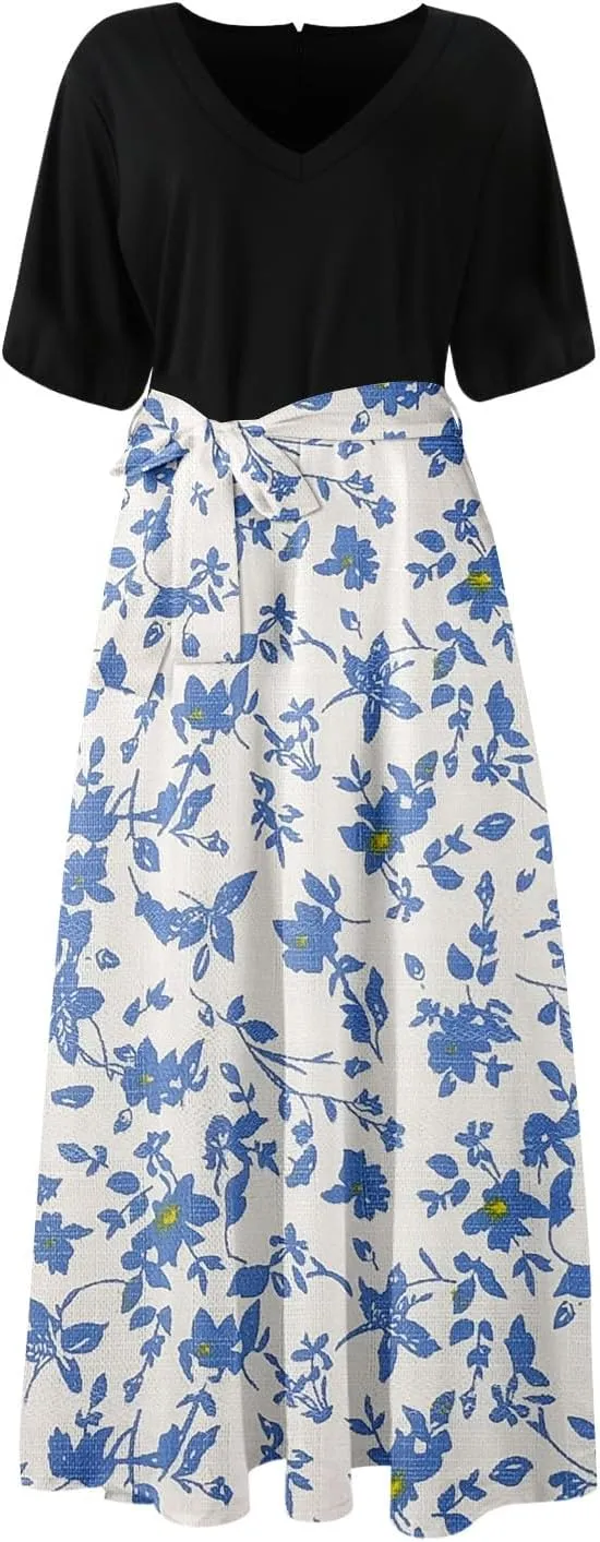 ZEFOTIM Long Dresses for Women Casual Sexy Floral Dress Short Sleeve V Neck Dresses with Slit