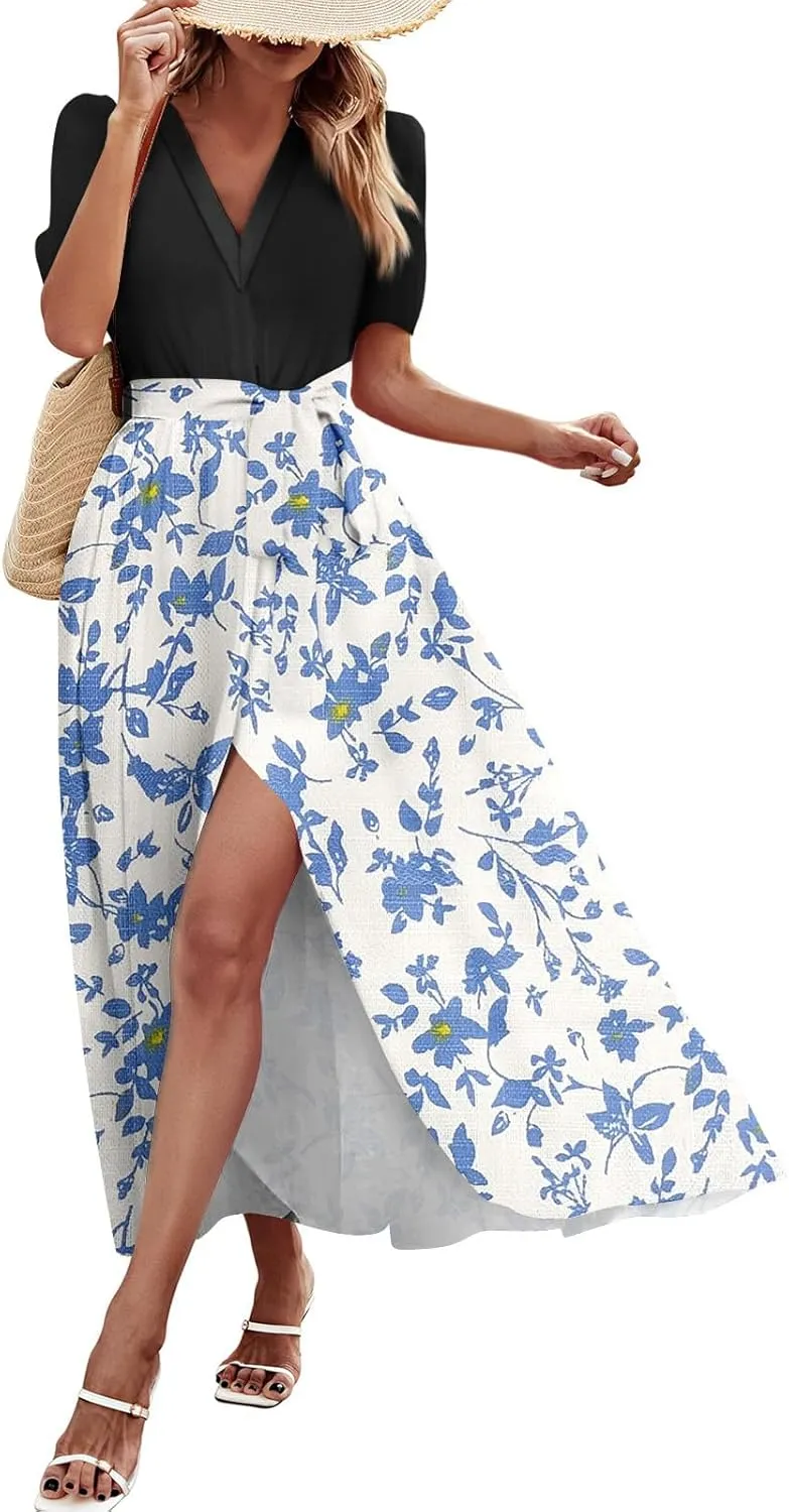 ZEFOTIM Long Dresses for Women Casual Sexy Floral Dress Short Sleeve V Neck Dresses with Slit