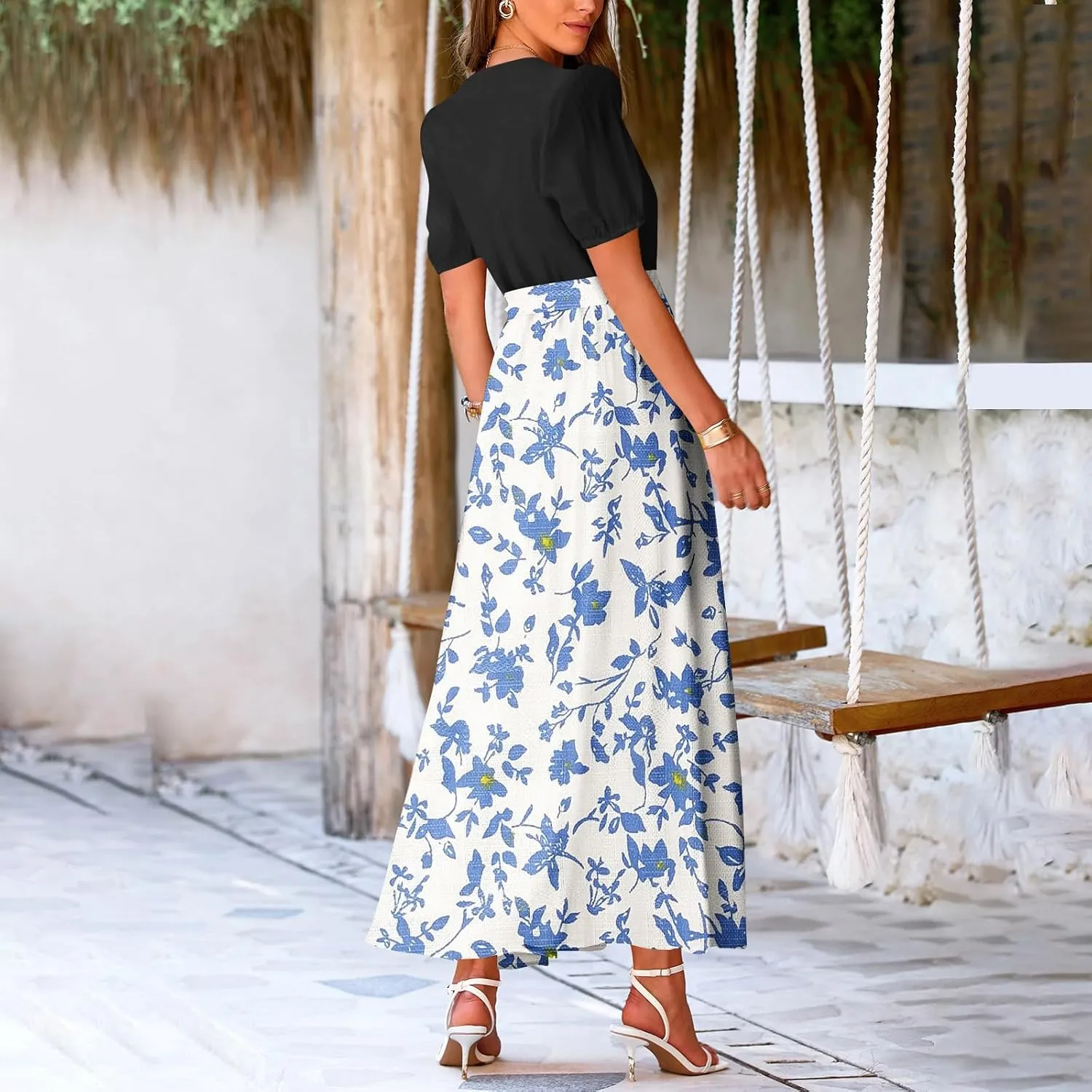 ZEFOTIM Long Dresses for Women Casual Sexy Floral Dress Short Sleeve V Neck Dresses with Slit