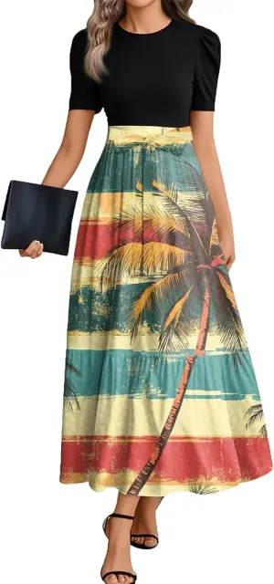 ZEFOTIM Long Dresses for Women Cocktail Floral Dress Short Sleeve Crew Neck Dresses with Belt