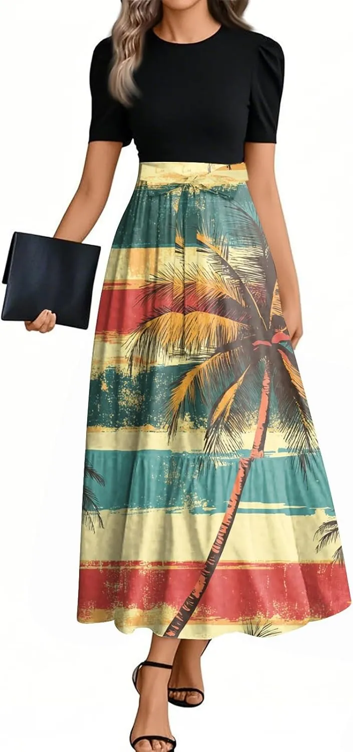 ZEFOTIM Long Dresses for Women Cocktail Floral Dress Short Sleeve Crew Neck Dresses with Belt