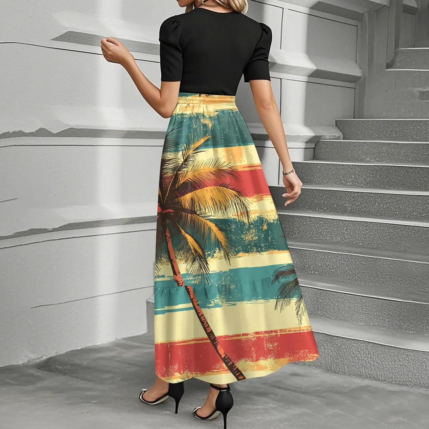ZEFOTIM Long Dresses for Women Cocktail Floral Dress Short Sleeve Crew Neck Dresses with Belt