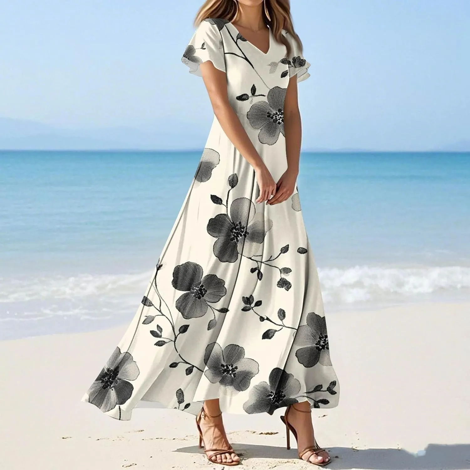 ZEFOTIM Long Dresses for Women Curvy Floral Dress Short Sleeve V Neck Dresses