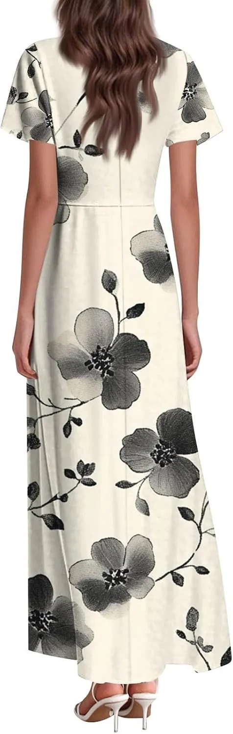 ZEFOTIM Long Dresses for Women Curvy Floral Dress Short Sleeve V Neck Dresses