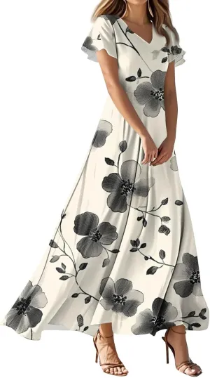 ZEFOTIM Long Dresses for Women Curvy Floral Dress Short Sleeve V Neck Dresses