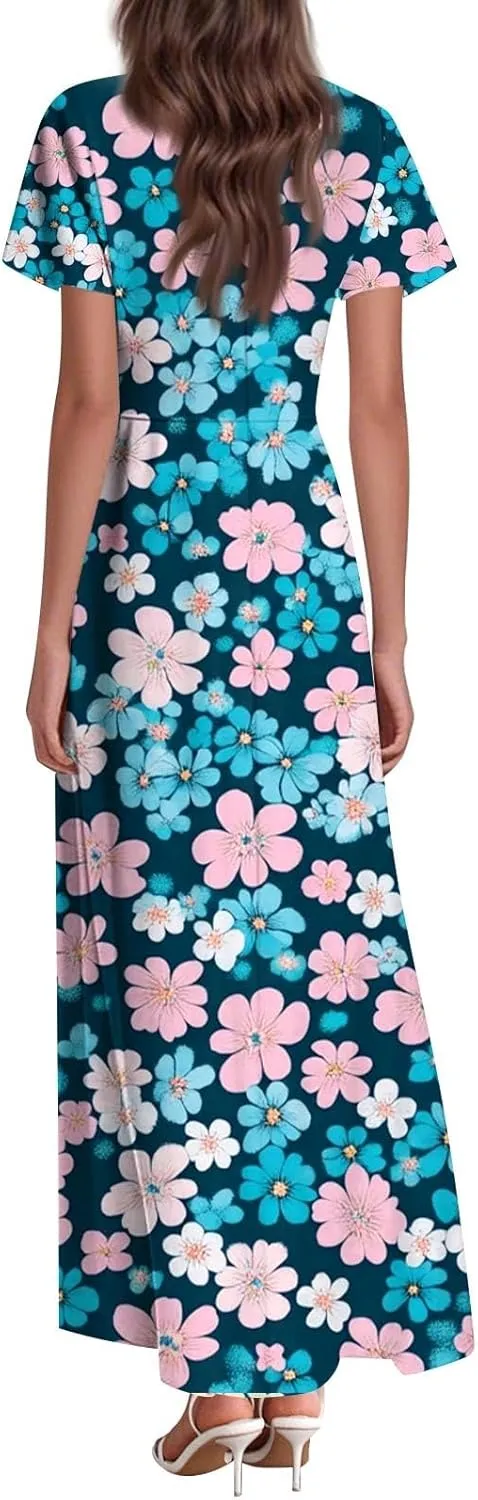 ZEFOTIM Long Dresses for Women Curvy Floral Dress Short Sleeve V Neck Dresses