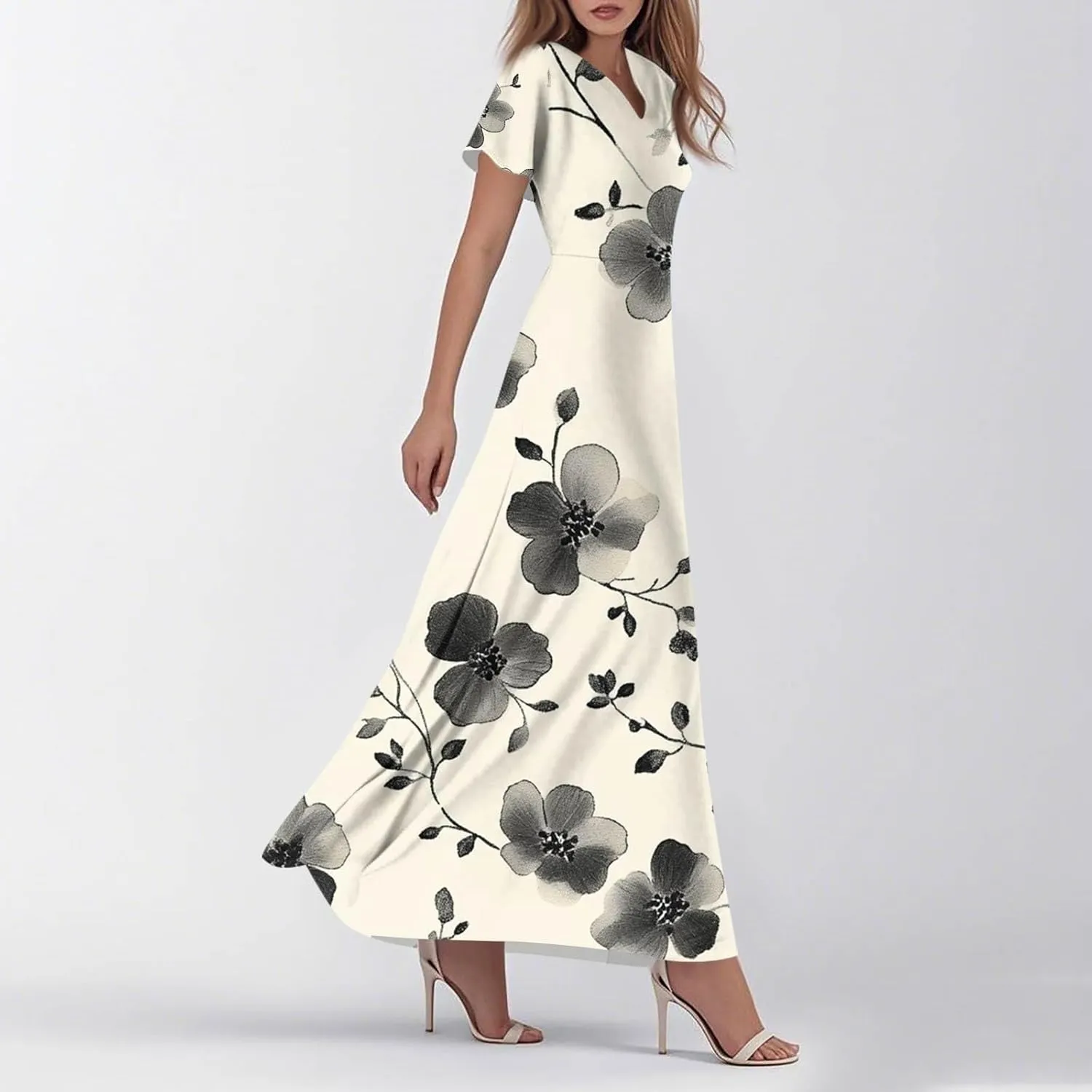 ZEFOTIM Long Dresses for Women Curvy Floral Dress Short Sleeve V Neck Dresses