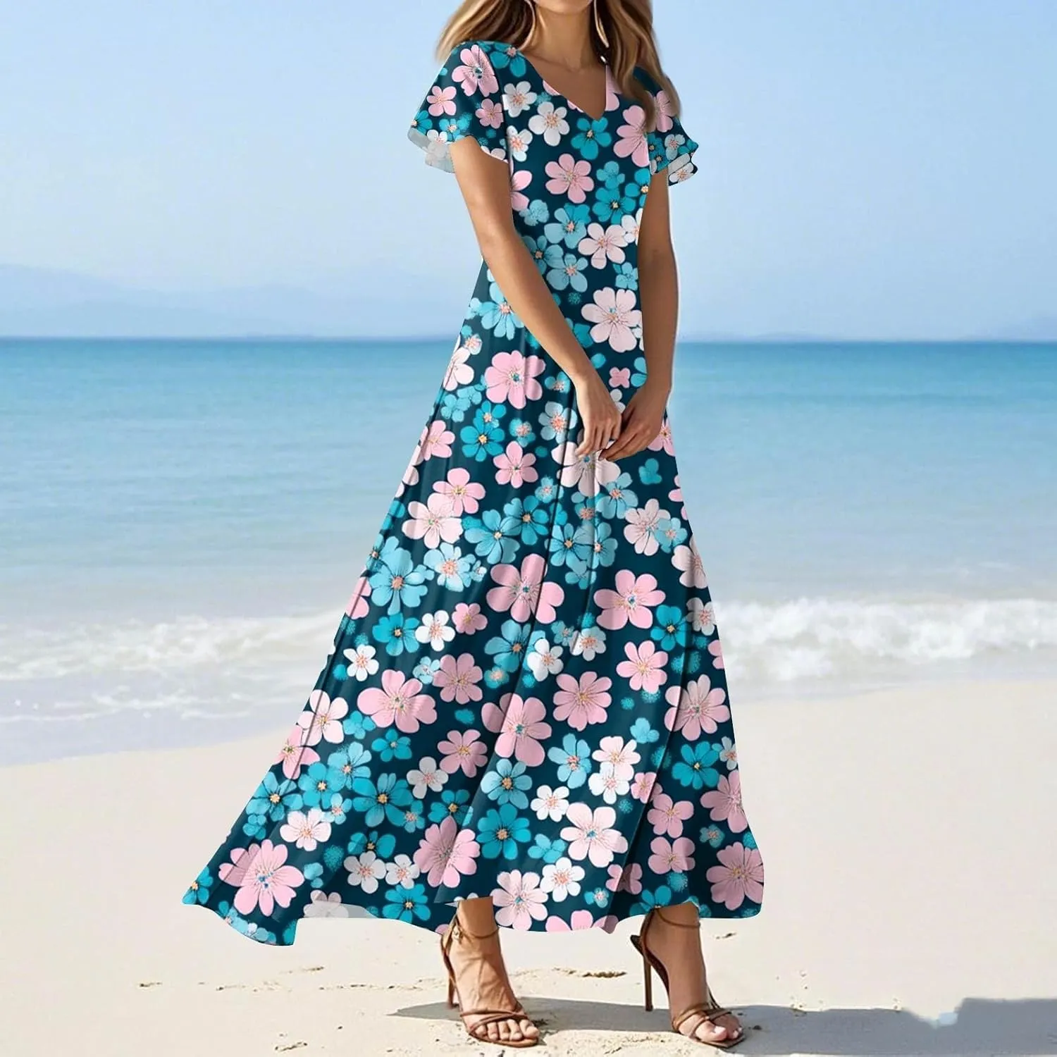 ZEFOTIM Long Dresses for Women Curvy Floral Dress Short Sleeve V Neck Dresses
