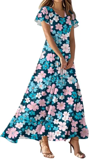 ZEFOTIM Long Dresses for Women Curvy Floral Dress Short Sleeve V Neck Dresses