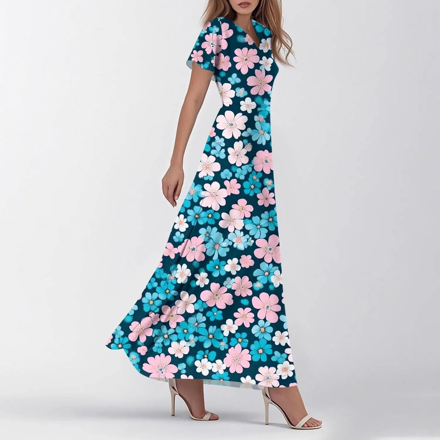 ZEFOTIM Long Dresses for Women Curvy Floral Dress Short Sleeve V Neck Dresses