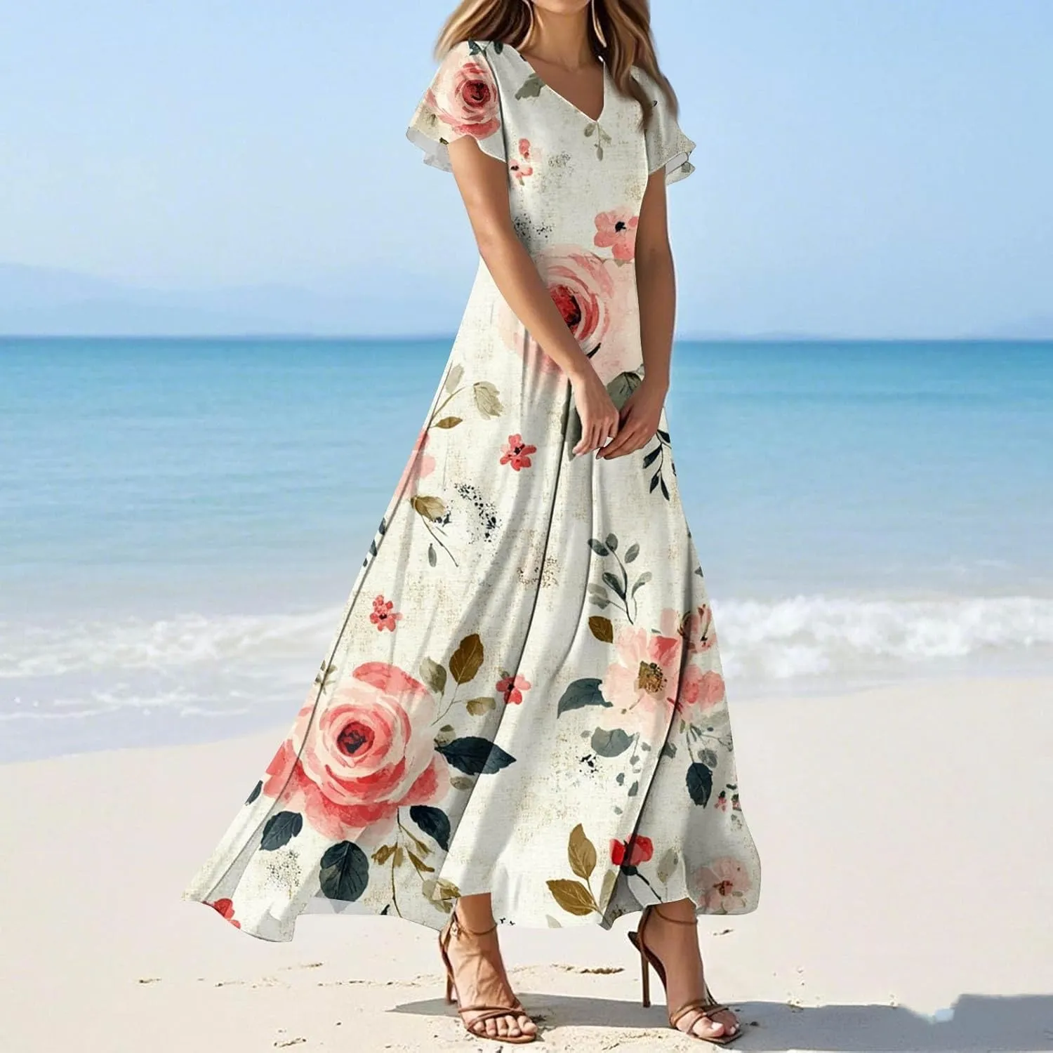 ZEFOTIM Long Dresses for Women Work Floral Dress Short Sleeve V Neck Dresses