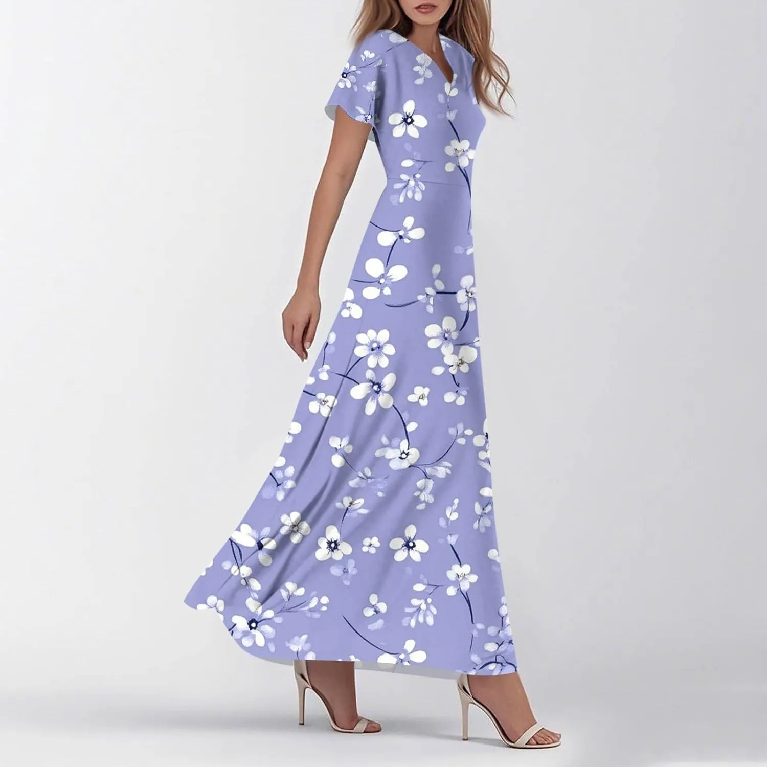ZEFOTIM Long Dresses for Women Work Floral Dress Short Sleeve V Neck Dresses