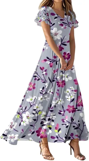ZEFOTIM Long Dresses for Women Work Floral Dress Short Sleeve V Neck Dresses