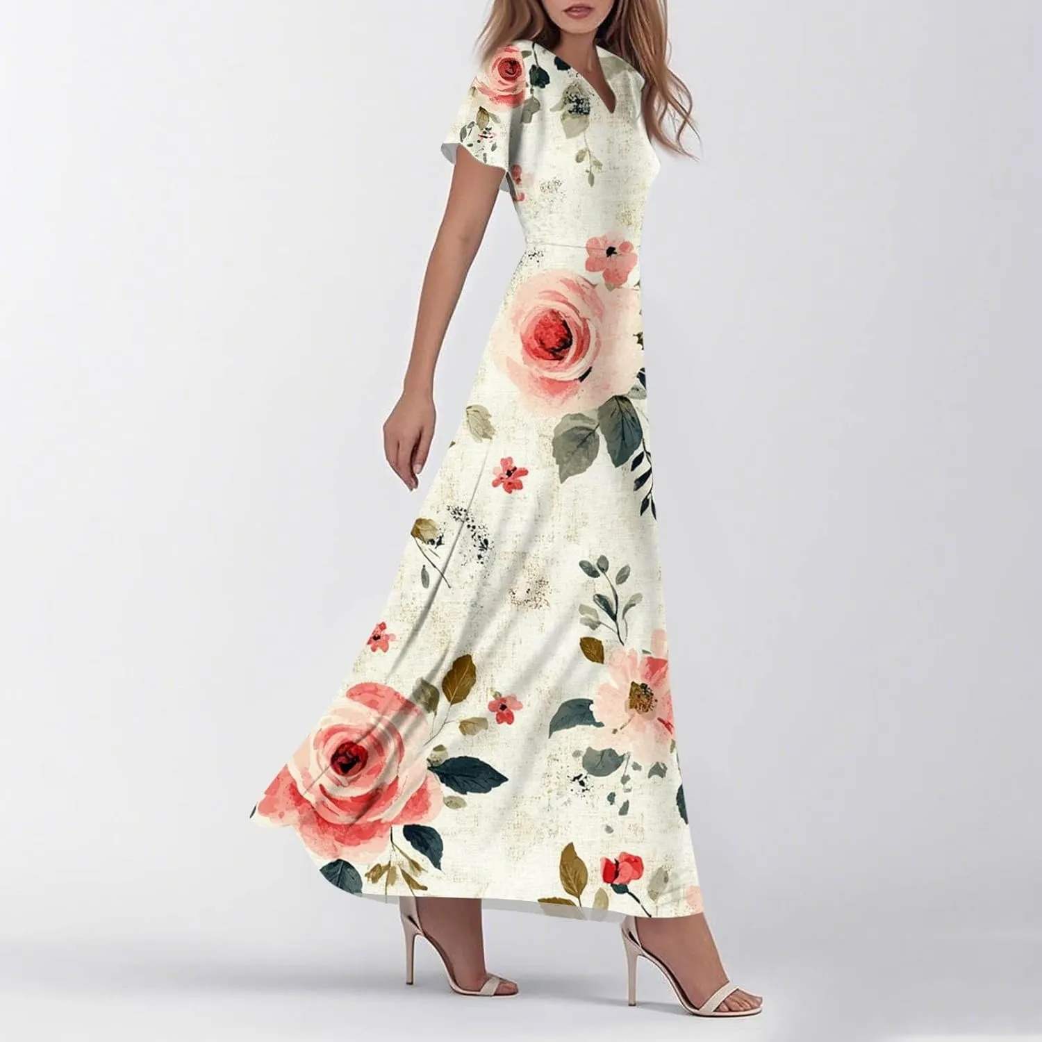 ZEFOTIM Long Dresses for Women Work Floral Dress Short Sleeve V Neck Dresses