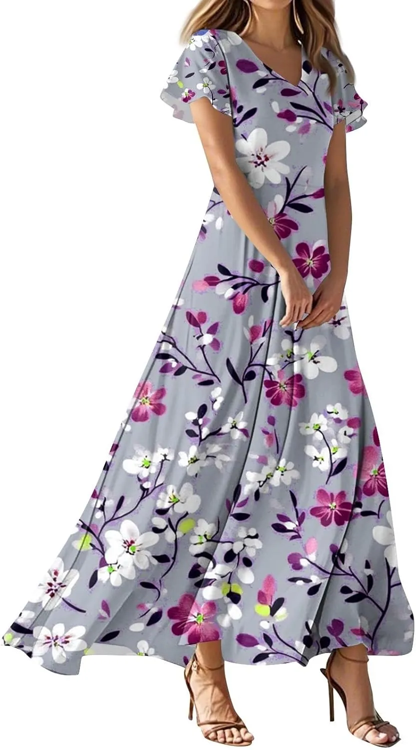 ZEFOTIM Long Dresses for Women Work Floral Dress Short Sleeve V Neck Dresses