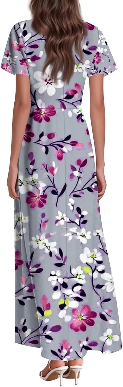 ZEFOTIM Long Dresses for Women Work Floral Dress Short Sleeve V Neck Dresses