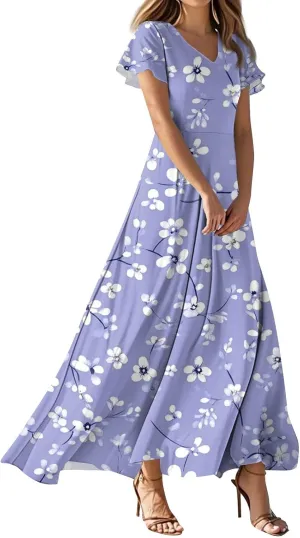 ZEFOTIM Long Dresses for Women Work Floral Dress Short Sleeve V Neck Dresses