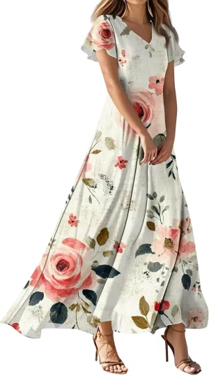 ZEFOTIM Long Dresses for Women Work Floral Dress Short Sleeve V Neck Dresses