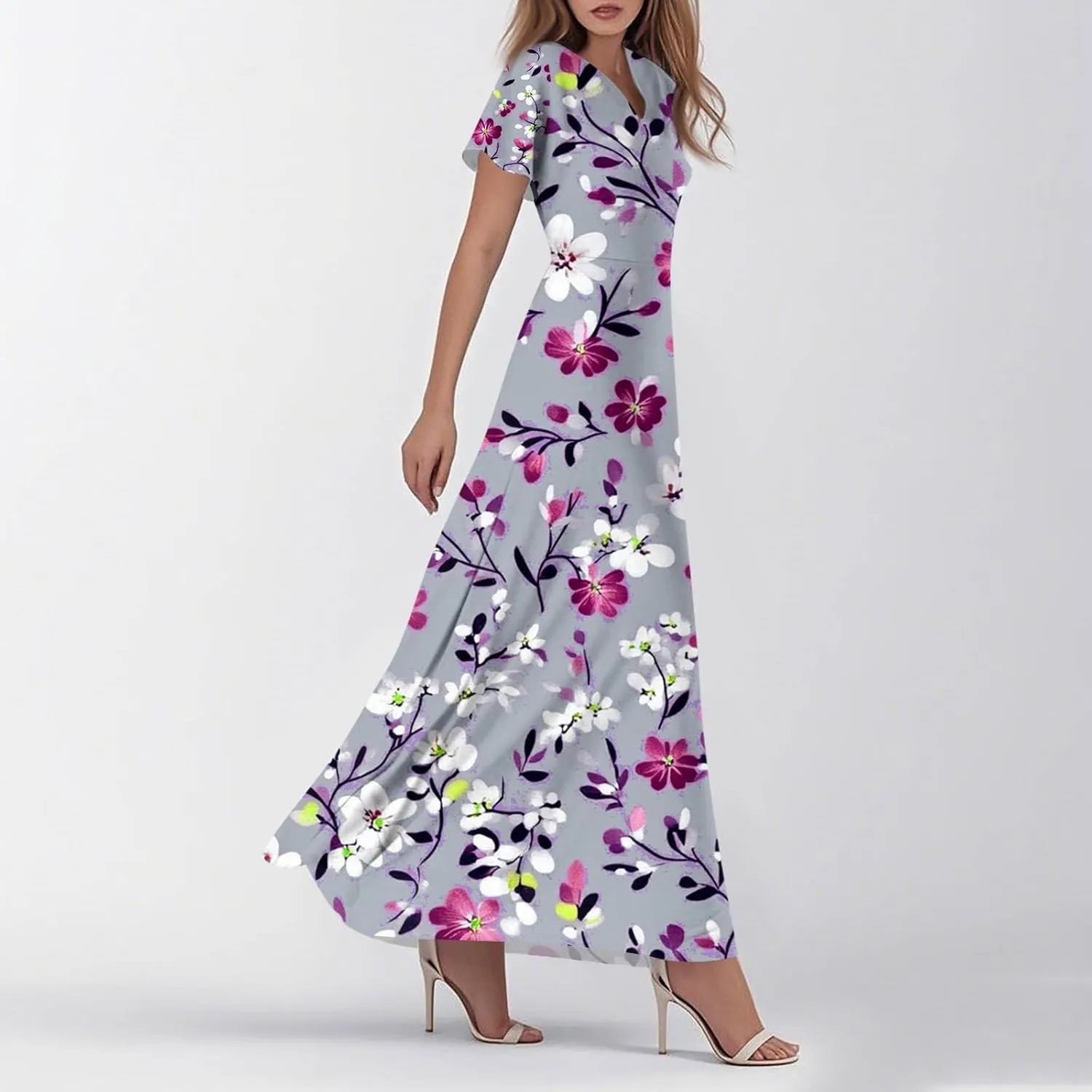 ZEFOTIM Long Dresses for Women Work Floral Dress Short Sleeve V Neck Dresses