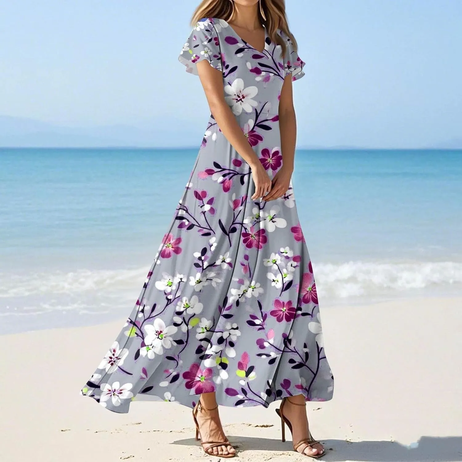 ZEFOTIM Long Dresses for Women Work Floral Dress Short Sleeve V Neck Dresses